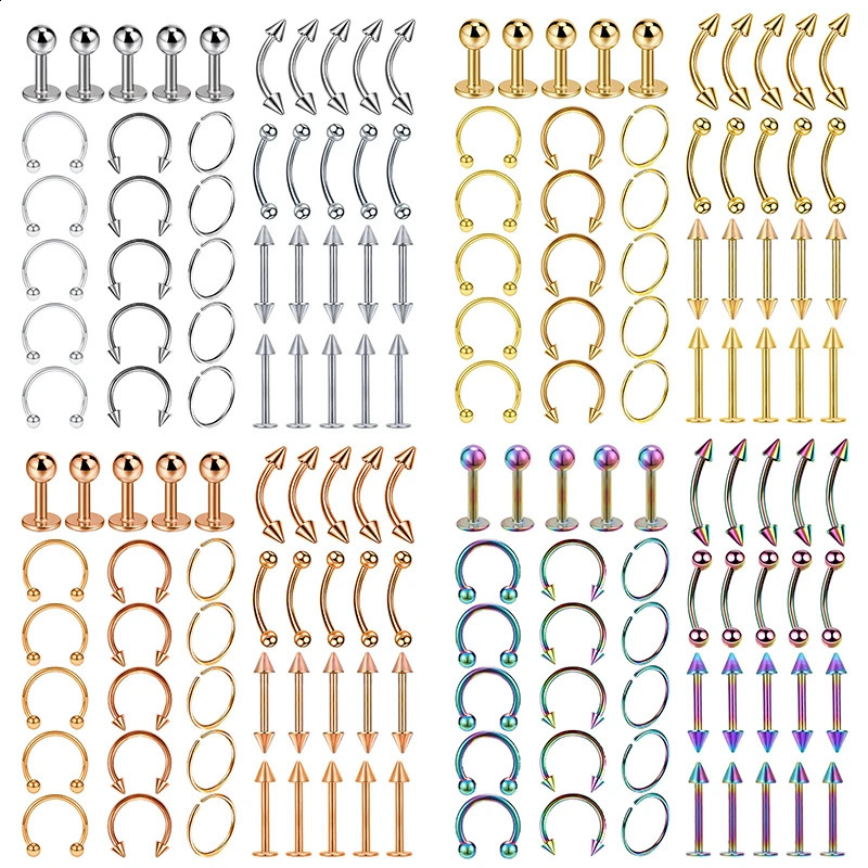 40PCS Steel Body Piercing Jewelry Lot Bulk Nose Ring Tongue Bar Eyebrow Labret Set Horseshoe Pack 250110