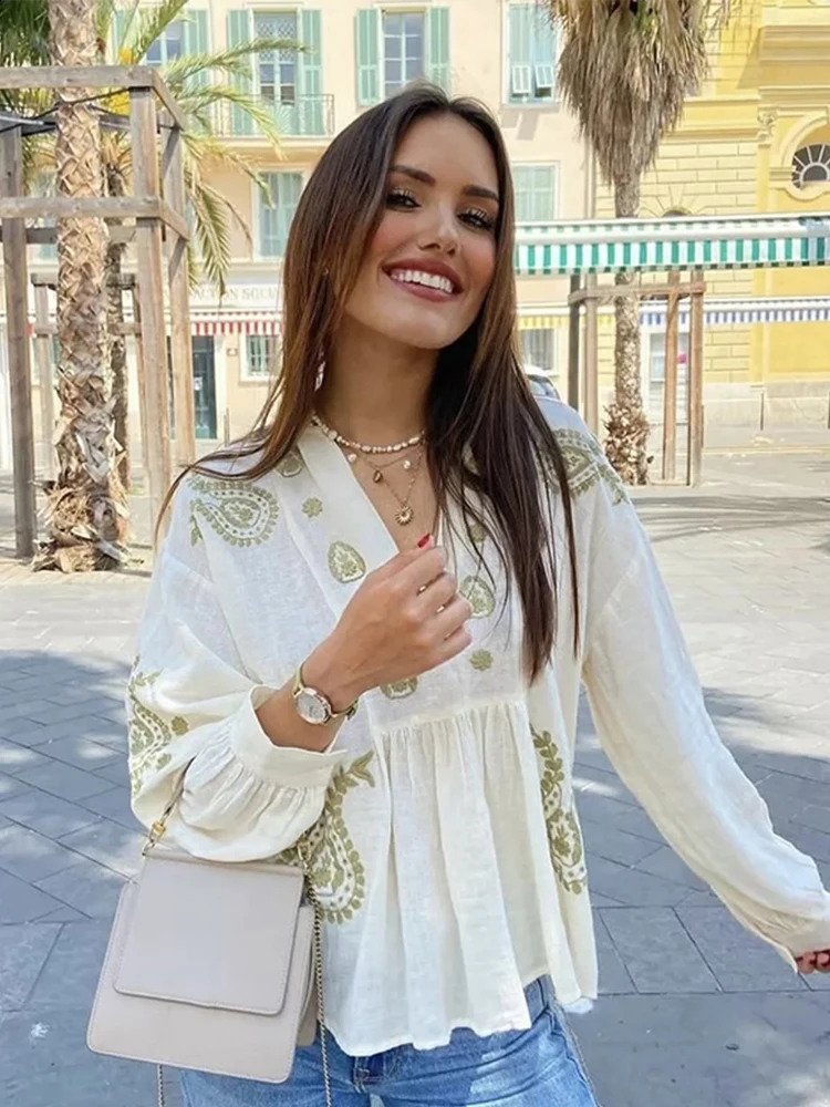 Embroidered Print Cotton Linen Shirt Women Loose Vneck Lantern Sleeve Female Blouses 2024 Spring Summer Lady Casual Solid Tops 250122
