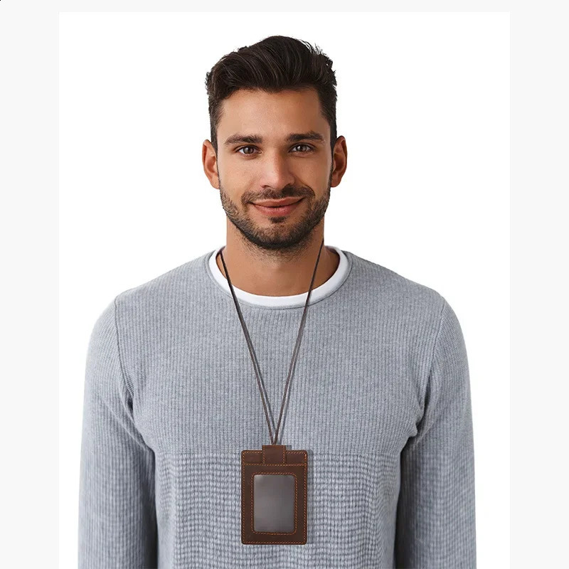 Leather Work Credential Lanyard with Card Holder Neck Strap Cowhide Leather Id Badge Holder Staff Card Bus ID Card 250120
