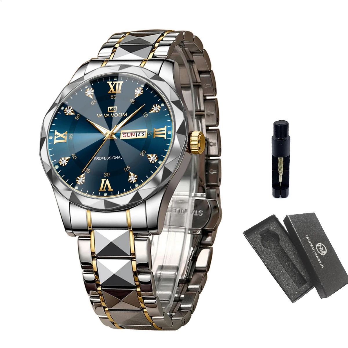 Men Watch Water Diamond y Night Glow Double Calendar Quartz Movement 41mm Blue Gold Stainless Steel Fashion Business 250118