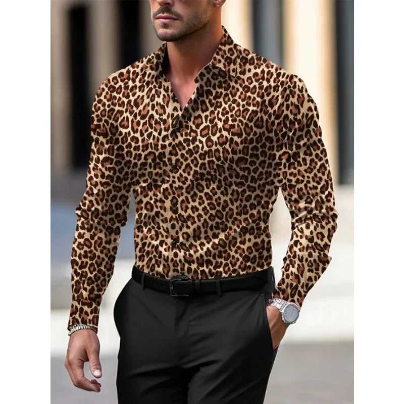 New Mens Thin Long Sleeve Shirt Leopard print Comfortable Breathable Jacket Flip Collar Single breasted Shirt M250121