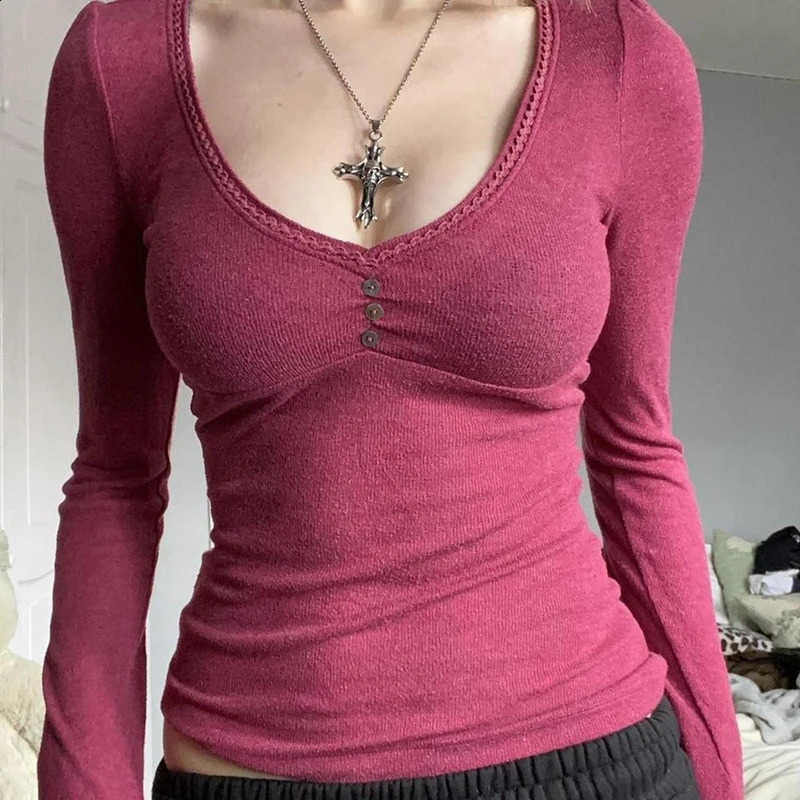 Kawaii Fairy Grunge Button V Neck Slim Tees Cottage Vintage Long Sleeve Crop Tops y2k Aesthetic 00s Retro T-shirt Women Clothes 250109