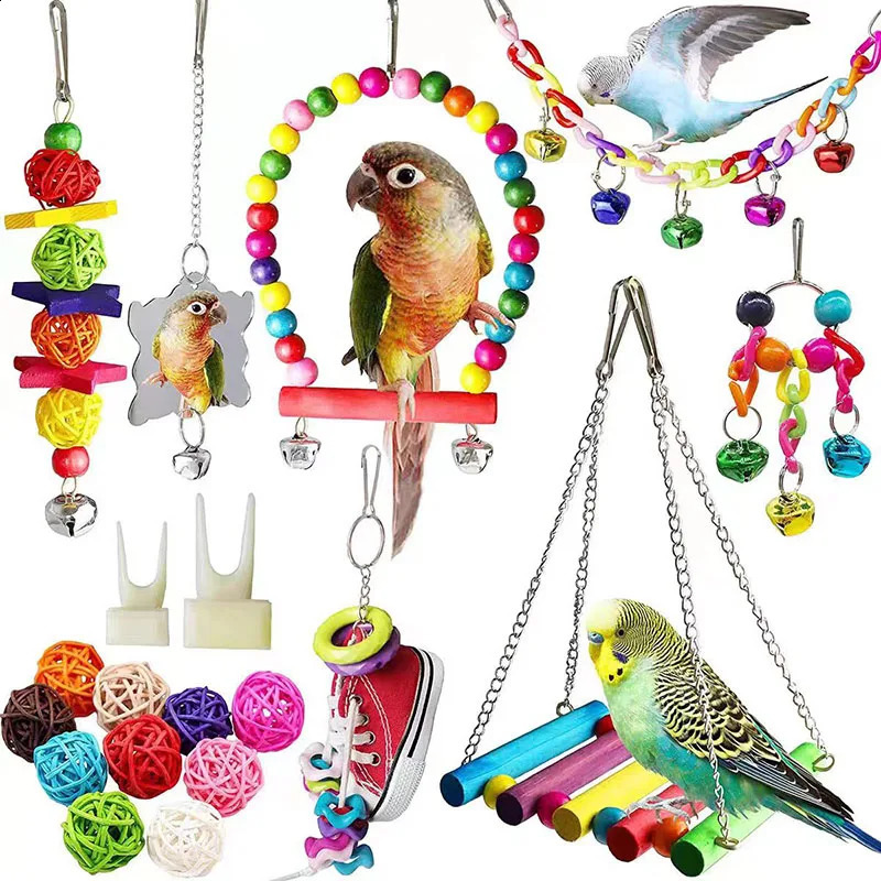 12Pcs Bird Cage Toys for Parrots Wood Birds Swing Reliable Chewable Bite Bridge Wooden Beads Shape Parrot Toy Colorful Funny Toy 250121