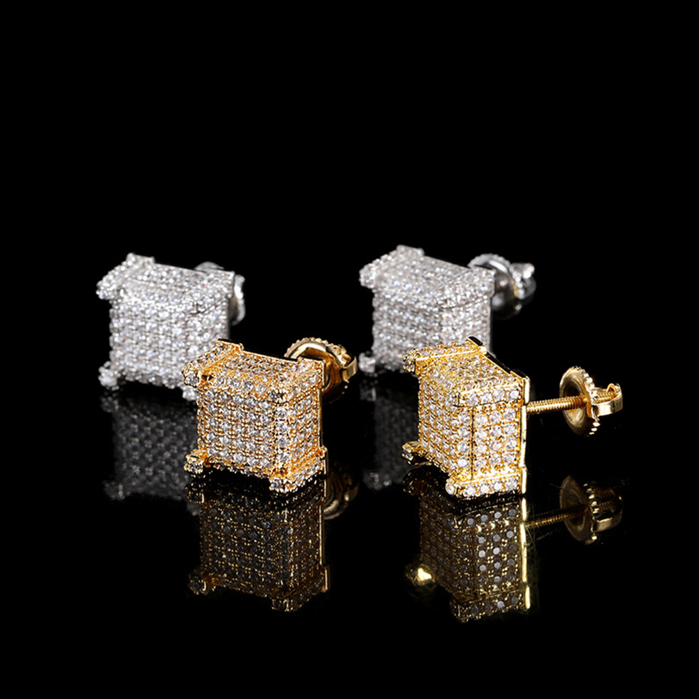 Hip Hop Screwback Stud Earrings Square White Zircon Dangle Earrings Gold Plated Vintage Geometric Jewelry Wholesale