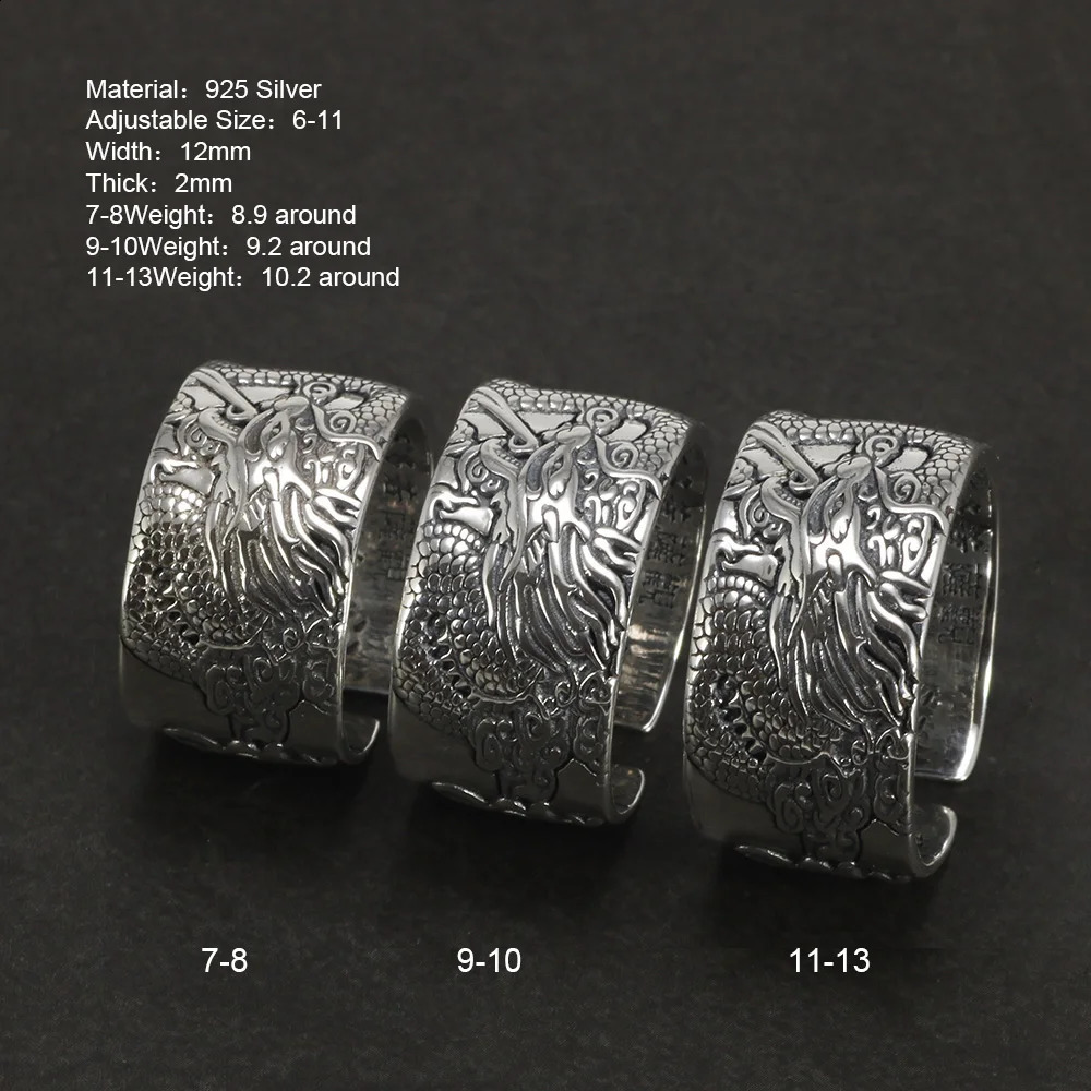 Real 925 Pure Silver Mens Biker Rings With Flying Dragon Vintage Punk Style Heart Sutra Engraved Buddhism Animal Jewelry 250117