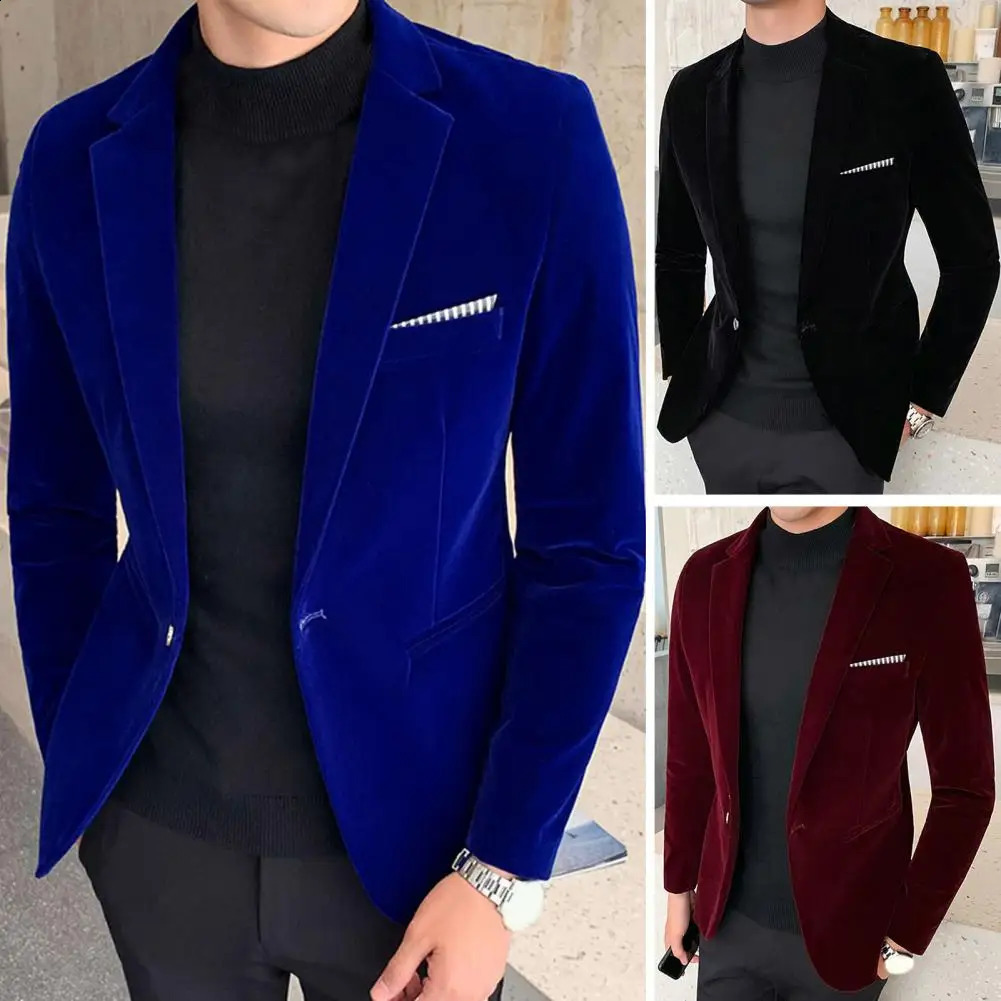 Spring Velvet Men Blazer Solid Color Temperament Suit Jacket Turndown Collar Long Sleeve Slim Fit Single Button Coat 250115