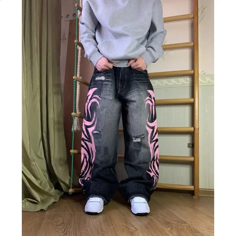 Hip hop street wear geometric print high quality ripped jeans for men clothing Spring Festival skateboard trend sweatpants 250121