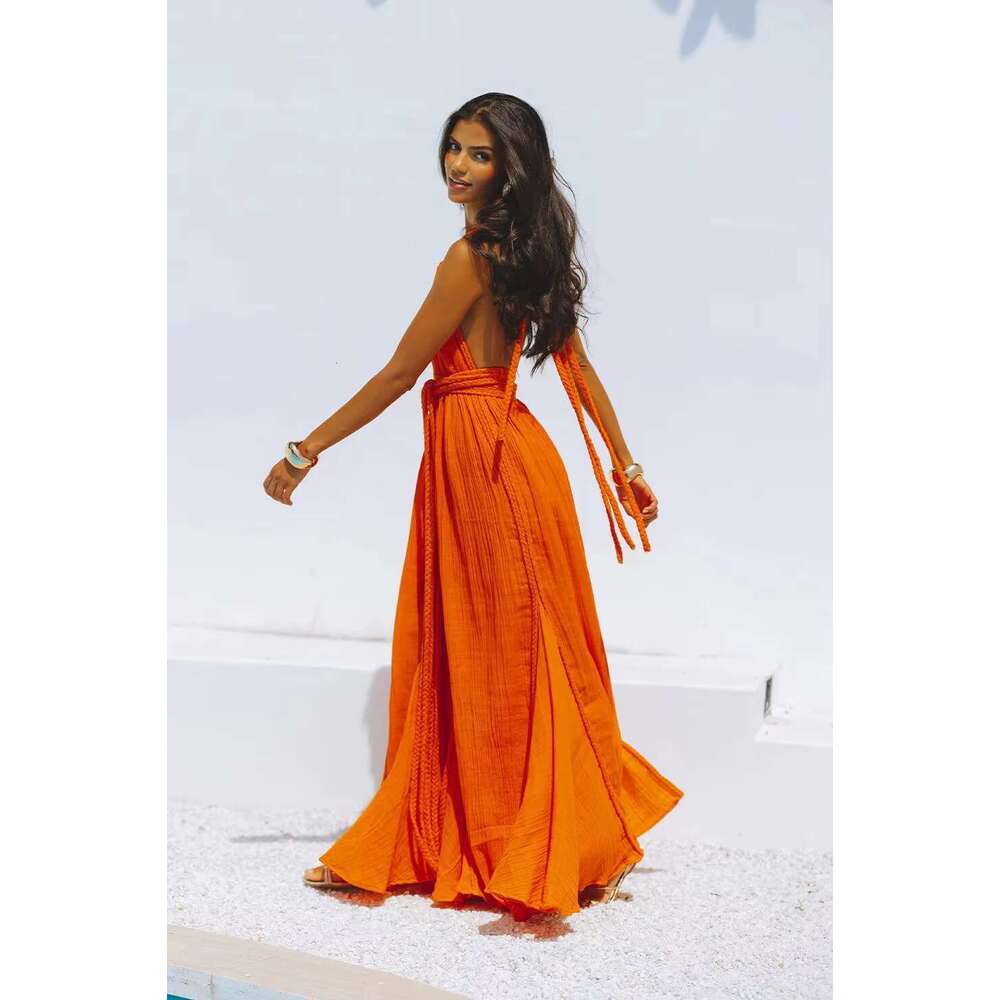 Solid Color Bandage Maxi Dress Sleeveless Open Back Holiday Vestidos Female Deep V Neck Backless Halter Dresses