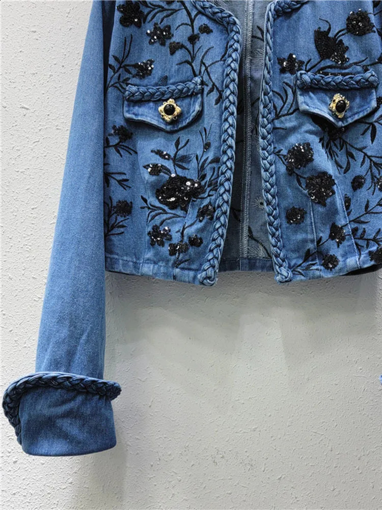 DEAT Trendy Items Womens Embroidery Sequins Denim Coat Summer Fashion V-neck Long Sleeves Jacket Female 33A1261 250116