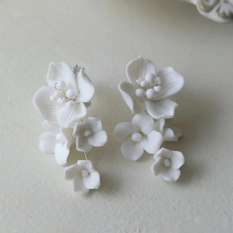 Ins Porcelain Flower Wedding Earrings Bridal Jewelry Gold Silver Color Handmade Women Drop Earring 250117