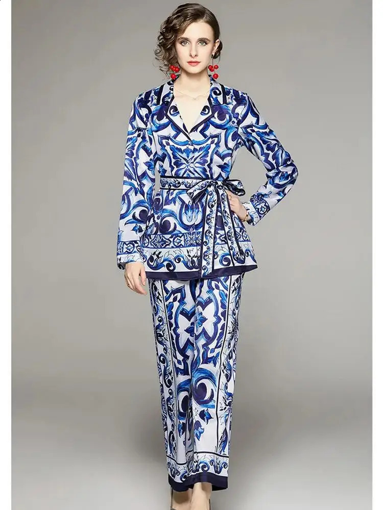 High Quality Twopiece Set For Women Notched Collar Red Blue White Porcelain Print Jackets Top Floral Wide Leg Pants Suits 250108