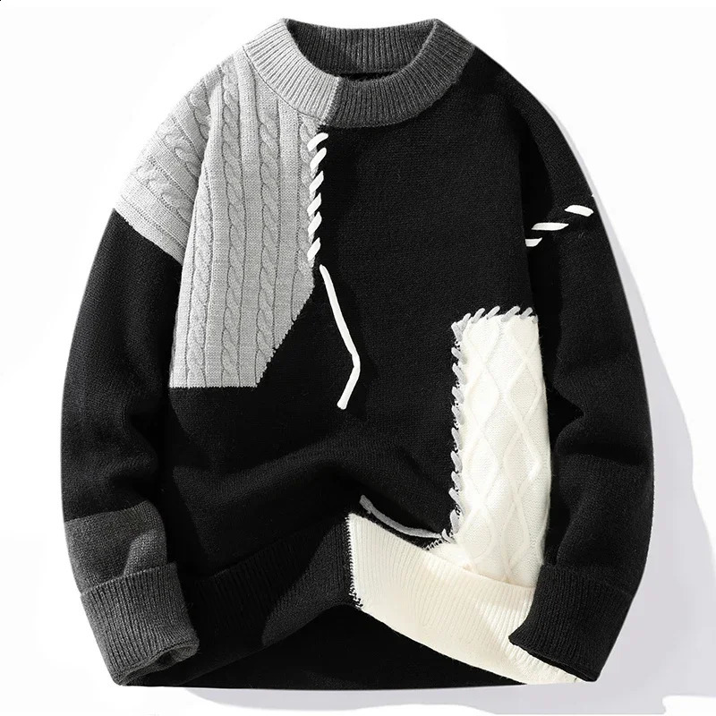 Autumn Winter Color Matching Sense Stitching Crew-neck Knitting Couple Fashion Plus Fleece Pullover Sweater 250116