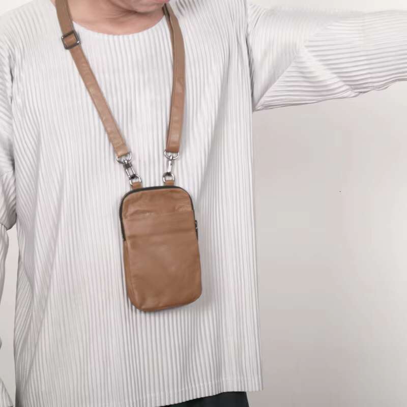 Men Mini Satchel Genuine Leather Messenger Crossbody Bags Unisex Storage Cell Phone Bag Simple Hanging Neck Pouch