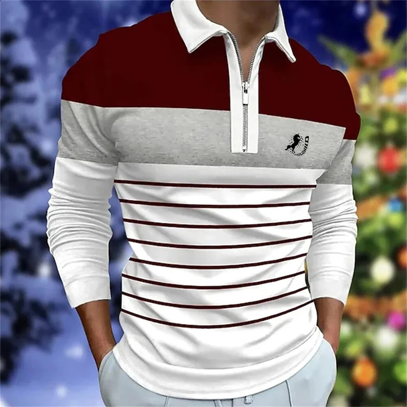 Striped Color Blocked Printed Fashionable Single Item Mens Long Sleeved Top T-shirt Autumn and Winter Mens Zipper Long Sleeved 250118
