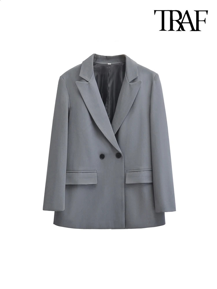 TRAF-Womens Double Breasted Office Wear Blazer Coat Long Sleeve Flap Pockets Female Outerwear Chic Tops Fashion 250109