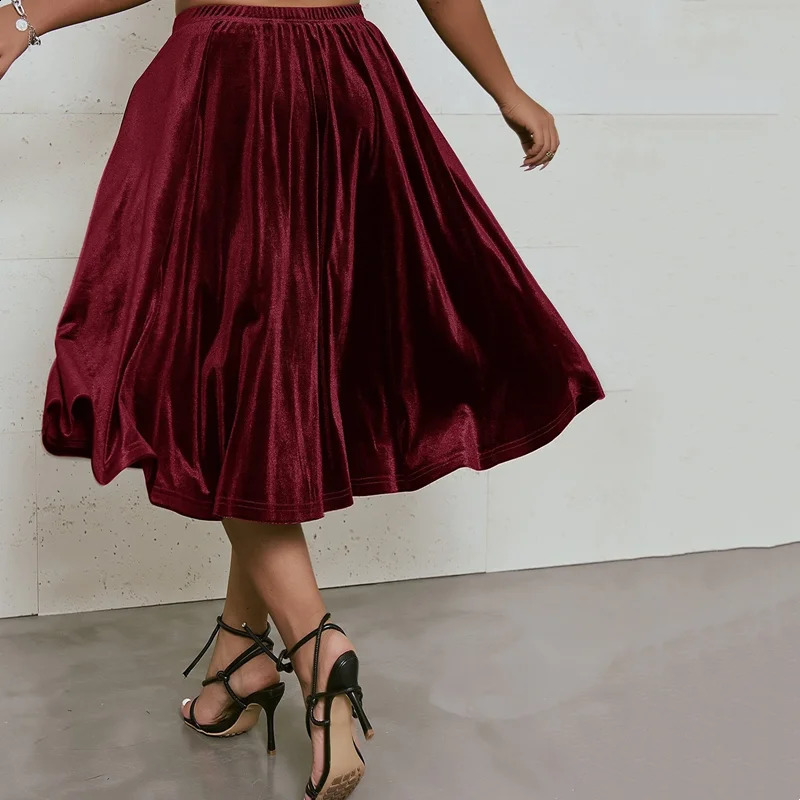 Plus Size High Elastic Waist Velvet Skirt Women Solid Black Spring Autumn Midi Party Aline Flare Large 6XL 7XL 250122