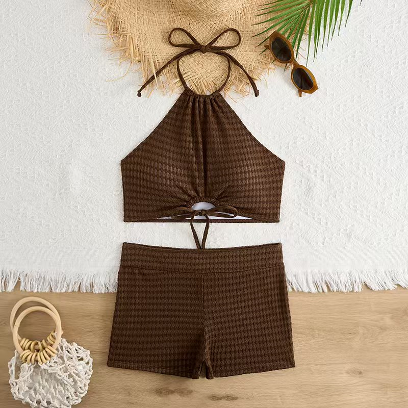 Shorts High Waist Bikini 2025 Women Beach Sport Bikinis Push Up Vintage High Neck Swimwear Textured Swimsuit Solid Colors Swimming Bathing Suit Modest