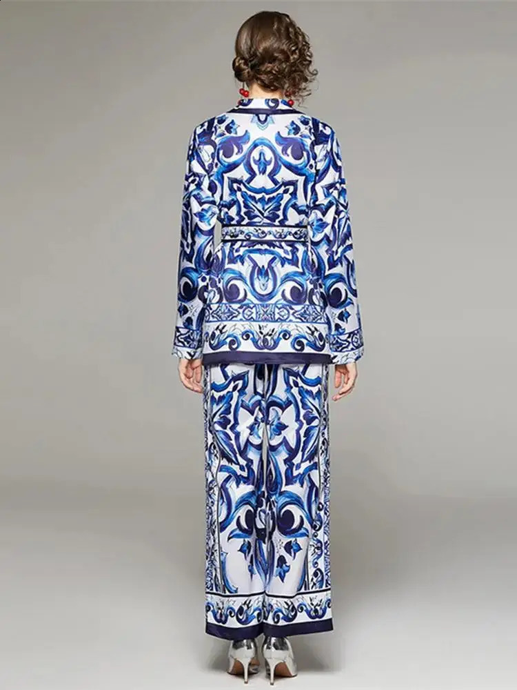 High Quality Twopiece Set For Women Notched Collar Red Blue White Porcelain Print Jackets Top Floral Wide Leg Pants Suits 250108