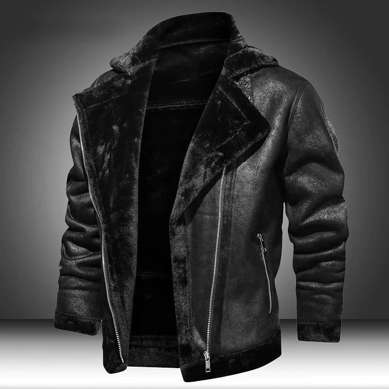 WORDKIND Homme PU 2024 Winter Motorcycle Jacket Leather Warm Plus Velvet Thick Retro Vintage Leisure Mens 250109