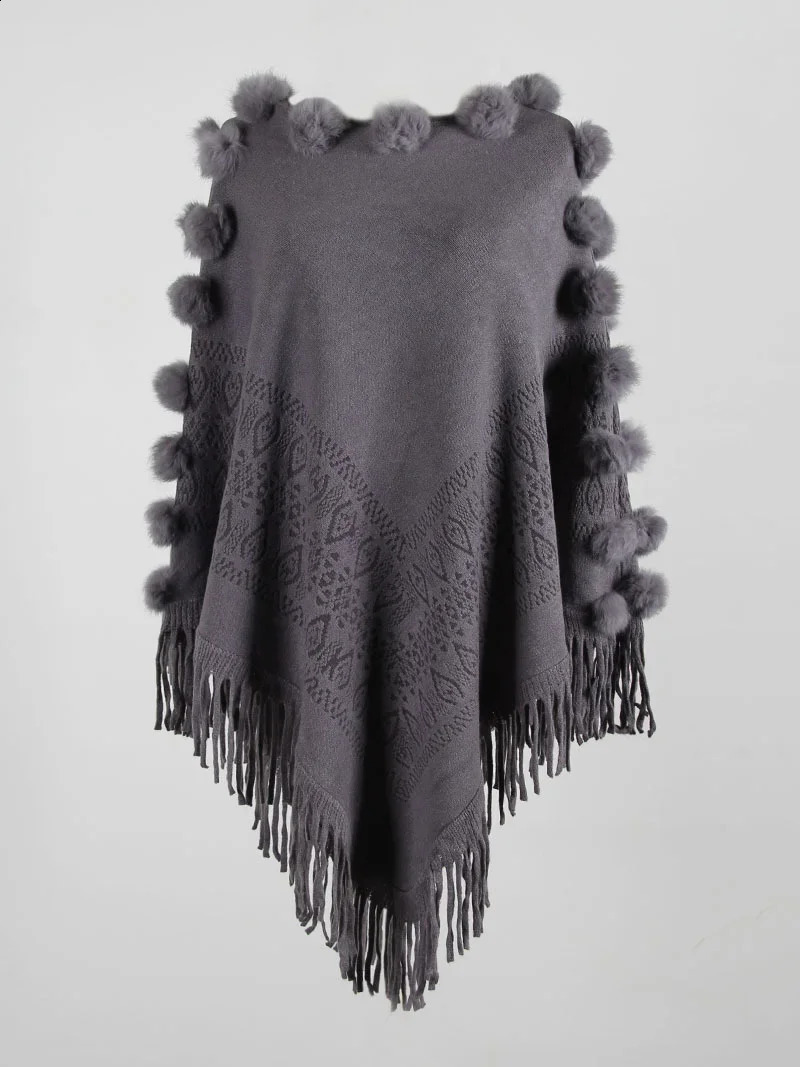 Autumn Winter Tassel Hairball Cape Poncho Oversized Sweater Women Fashion Cloak Shawl Pullovers Female Knitted Casual Jumper 250121