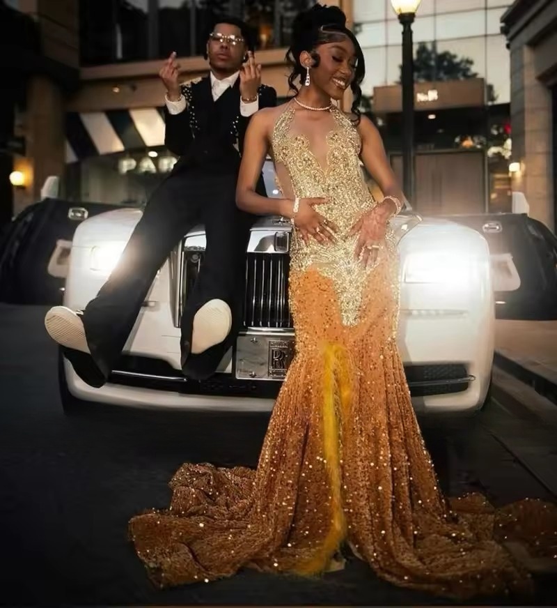 Gold Sequins Mermaid Prom Dresses 2025 With Glitter Crystal Plus Size Evening Ocn Birthday Gowns Customised