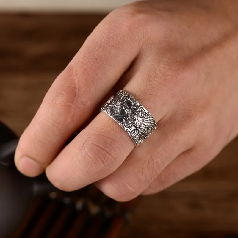 Real 925 Pure Silver Mens Biker Rings With Flying Dragon Vintage Punk Style Heart Sutra Engraved Buddhism Animal Jewelry 250117
