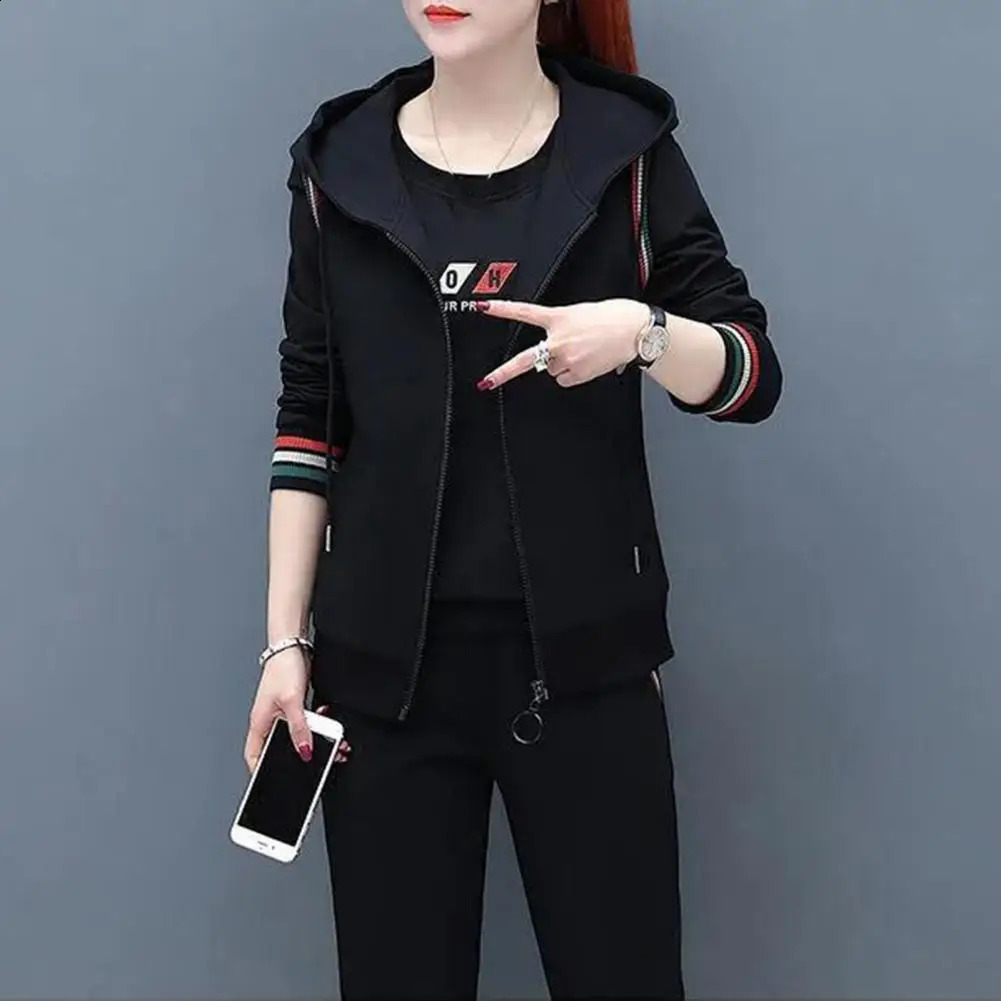 3PcsSet Women Sweatshirt Vest Pants Set Autumn Tracksuit Sleeveless Coat Hooded Long Sleeve Pockets Tops Elastic Cuff 250122