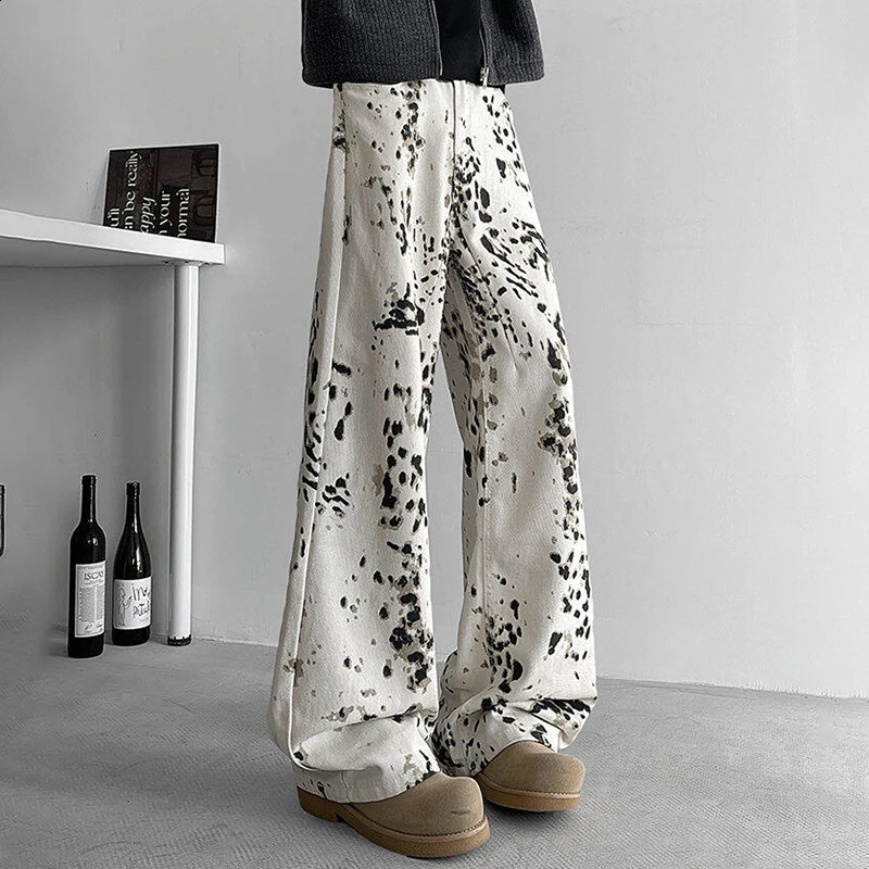 MWJQ Leopard Print n Jeans Mens High Street Loose Wide Leg Pants Full Length Denim Trousers 2025 Fashion 010033 250120