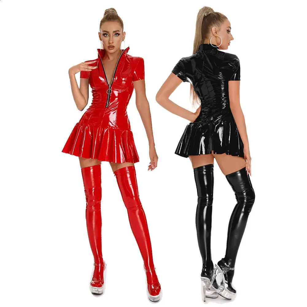 Sexy Glossy Leather Short Sleeves Dress Lady Erotic Shaping Pleated Zipper Porn Breast Exposing Latex Mini 250122