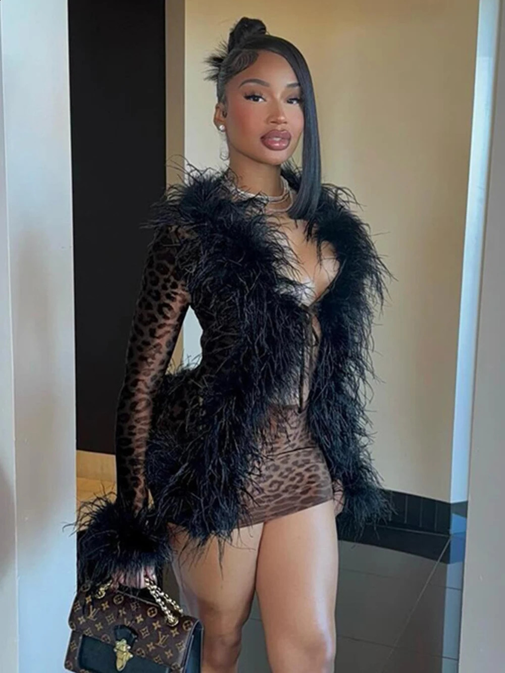 Weird Puss Leopard Print 2 Piece Set Sexy Women Y2k Furry Neck Cardigan TopsMini Skirts Midnight Club Vacation Matching Suits 250120