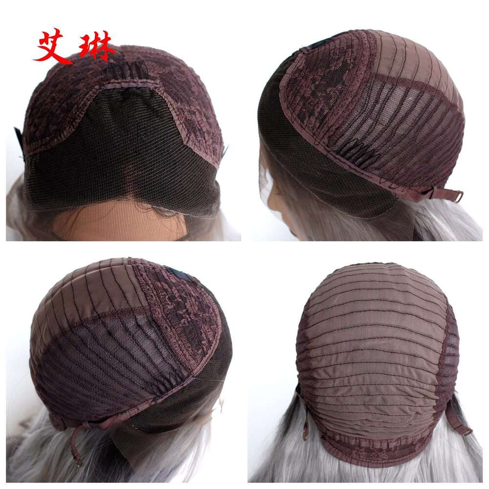 Lace Front Wig Cover T Shape Black Gradient Medium Grey Long Straight Hair Wig Synthetic Front Lace Half Hand Hook Head Cover Fashionable