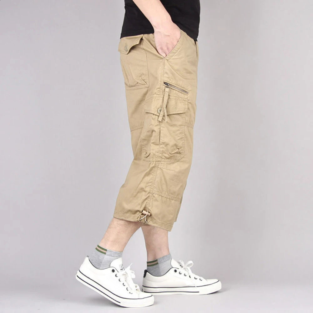Summer Mens Casual Cotton Cargo Shorts Overalls Long Length Multi Pocket breeches Pants Male Cropped 250121