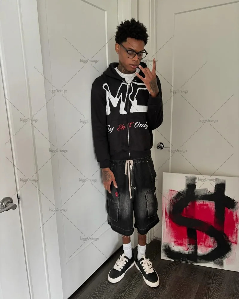 European and American Retro Street Harajuku Clothing Trendy Letters Oversized Hoodie Men Black Street Zipper Sweatshirt 250113