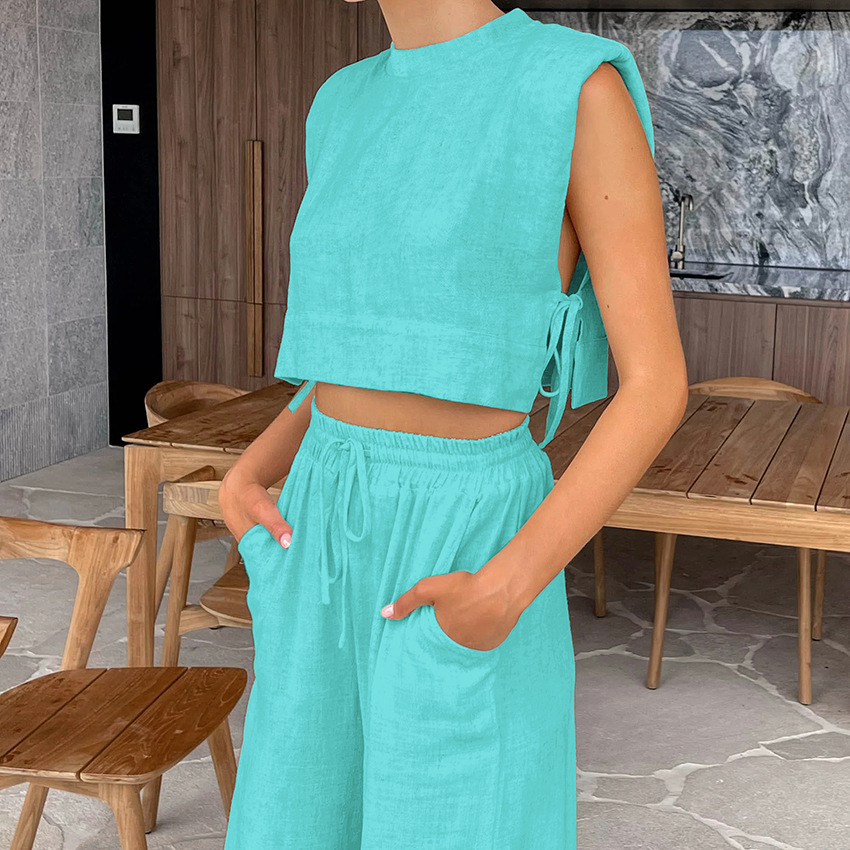 Fashion cotton and linen suit women's clothing summer new shoulder pads sleeveless top trousers two-piece set European and American casual
