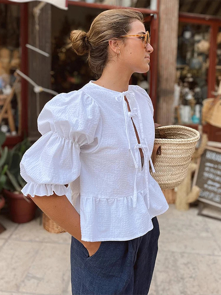 Solid Bow Lace Up Shirt Elegant Oneck Short Puff Sleeves Blouse Female 2025 Spring Summer Chic Ruffle Lady Streetwear 250122