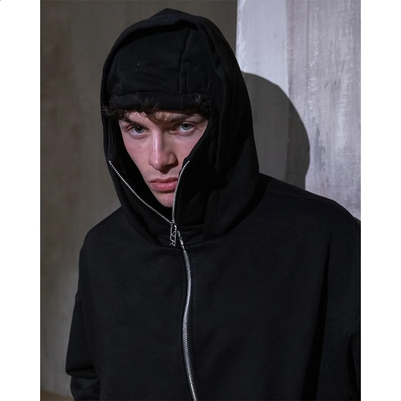 Gothic Street Casual Vintage Men Hooded Sweatshirt Y2k Double Hat Windproof Trendy Zipper Hoodie Emo Long Sleeve Jacket Harajuku 250109