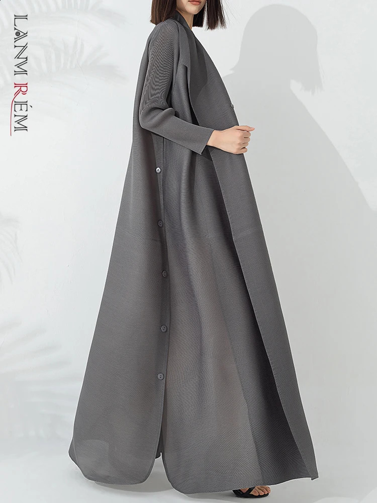 LANMREM Pleated Trench Coat Women Lapel Open Stitch Full Sleeve Loose Buttons Loose Style 2025 Belt Windbreaker 17G6526 250118