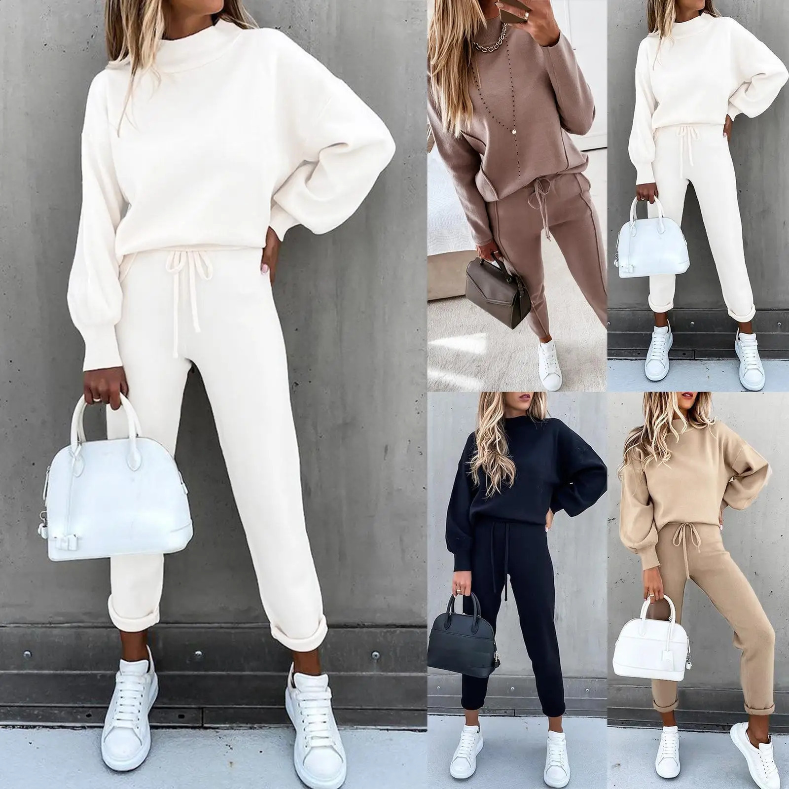 Womens Fleece Tracksuit Hooded Sweatshirt Autumn Solid Blouse Pants 2Pieces Set Long Sleeve Pullover Drawstring Sportswear 250122