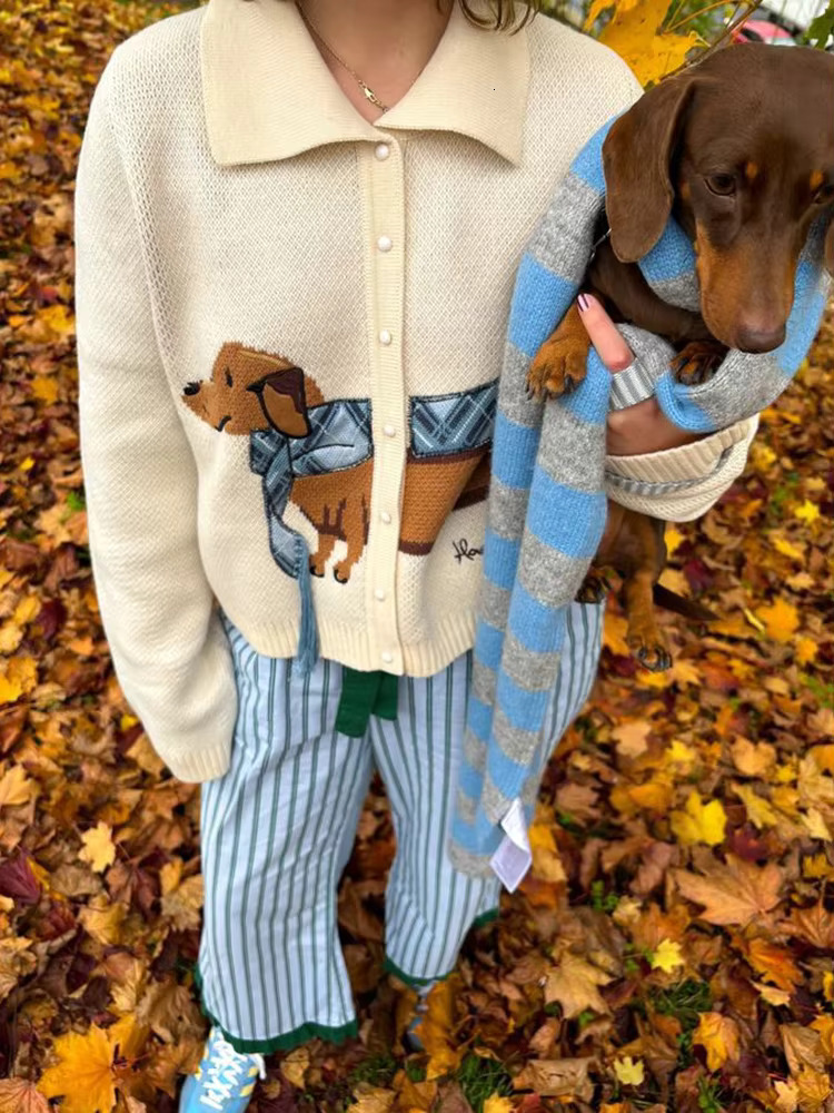 Chic Puppy Pattern Women Cardigan Long Sleeve Lapel Single Breasted Sweater Parrty Casual Coats New Lady Commuter Outerwear
