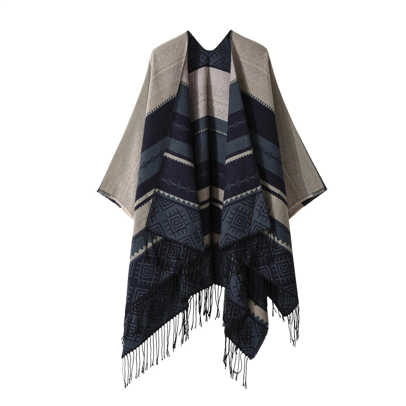 Poncho Split Warm Shawl Vintage Ethnic Style Scarf Cashmere Tassel Women Cape Lady Cloak Warm Coat Khaki 250121