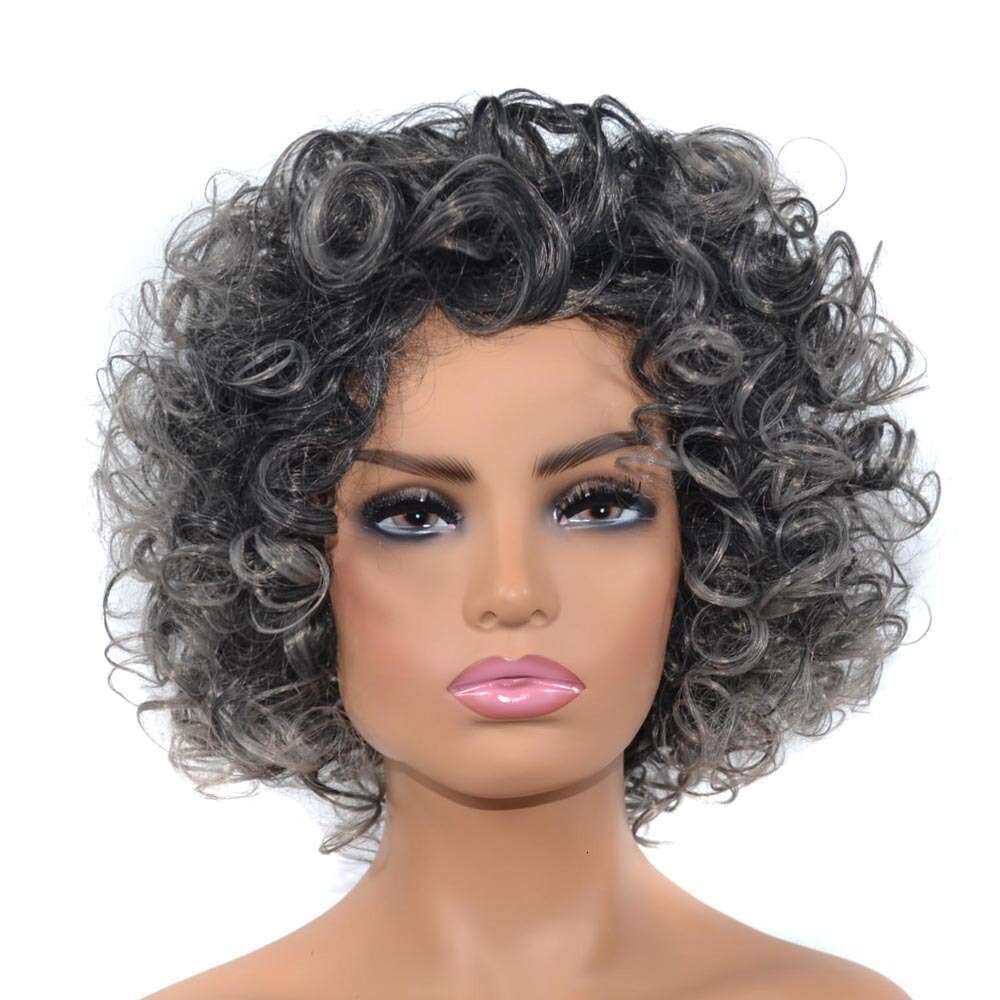 Lace Front Wig Cover T Shape Black Sier Gray Short Wig With Slightly Curled Chemical Fiber Explosive Head Fluffy Curly Hair Headband