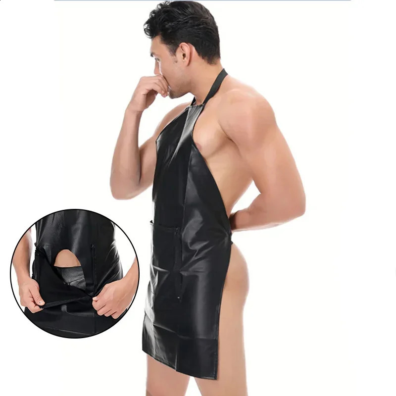 Men Sexy Bodysuits Apron Hollow Out Erotic Clubwear Black OnePiece Kitchen Dress Bodyshaper Gay Penis Hole Backless Lingerie 250108