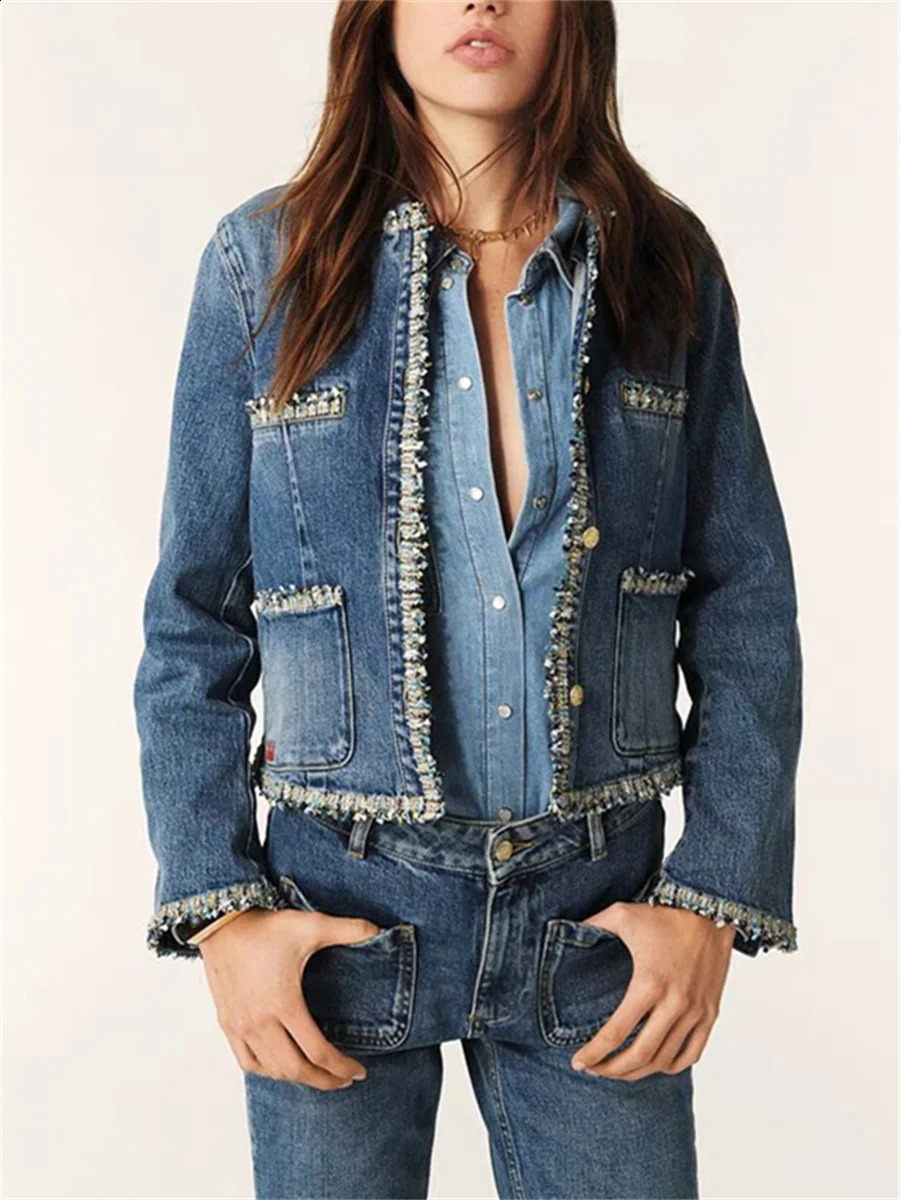 Spring Women Blue Denim Set Tweed Trim Oneck Letter y Jacket or Aline Mini Skirt Lady Fashion Suit 250122