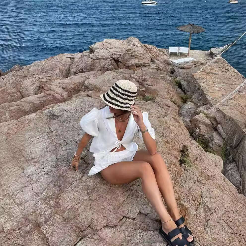 White Elegant 2 Piece Sets Women New V Neck Lace Patchwork Lace-Up Blouse+Shorts Skirts Summer Casual Fashion Holiday Set