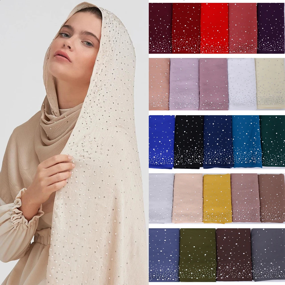 Women Muslim Plain Bubble Pearl Chiffon Scarf Hijab Diamond Rhinestone Shawls Headband Foulard Femme hijabs Scarves 250121