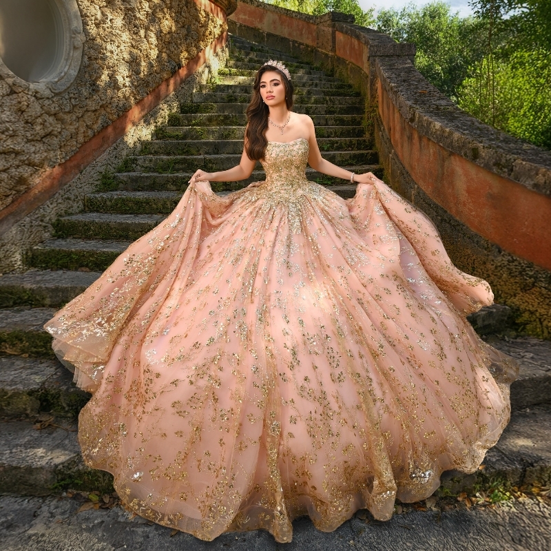 Pink Quinceanera Dresses Ball Gown Off Shoulder Gold Sequin Appliques Lace Beads Bow Tull Corset Birthday Party Sweet 16 Dress Vestidos 15 Anos