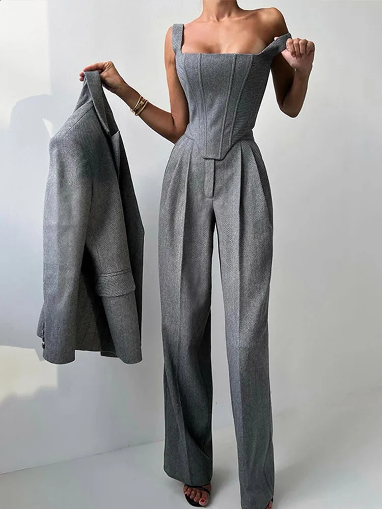 Elegant solid pants set 3-piece womens long sleeved jacket with zipper vest top waist wide Trousers city womens set 250118