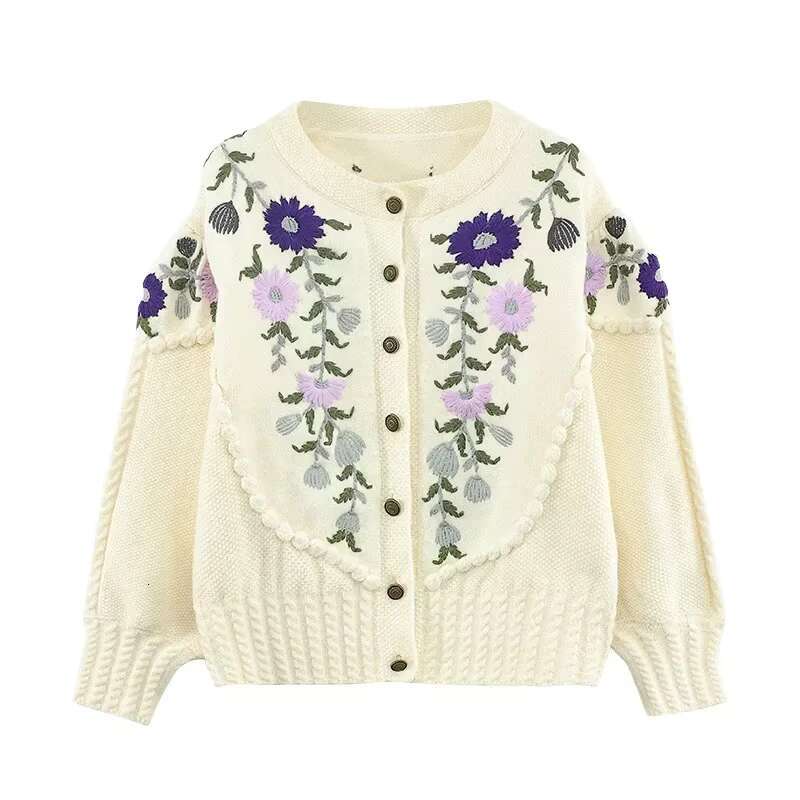 New Knitwear Round Neck Embroidery Vintage Style Women Cardigans Loose Button Down Fashion Sweaters Boho Knitted Sweater