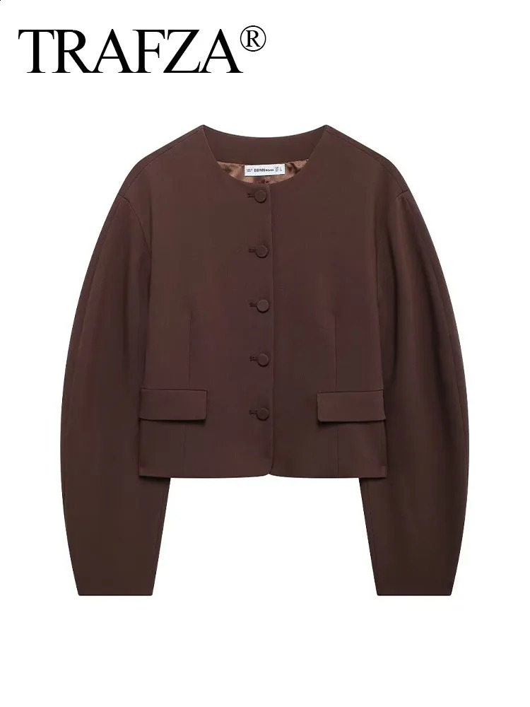 TRAFZA Fashion Retro Woman Solid Brown Jacket Women Chic Tops Long Sleeve Single Breasted O-Neck Pocket Casual Loose Short Coat 250122