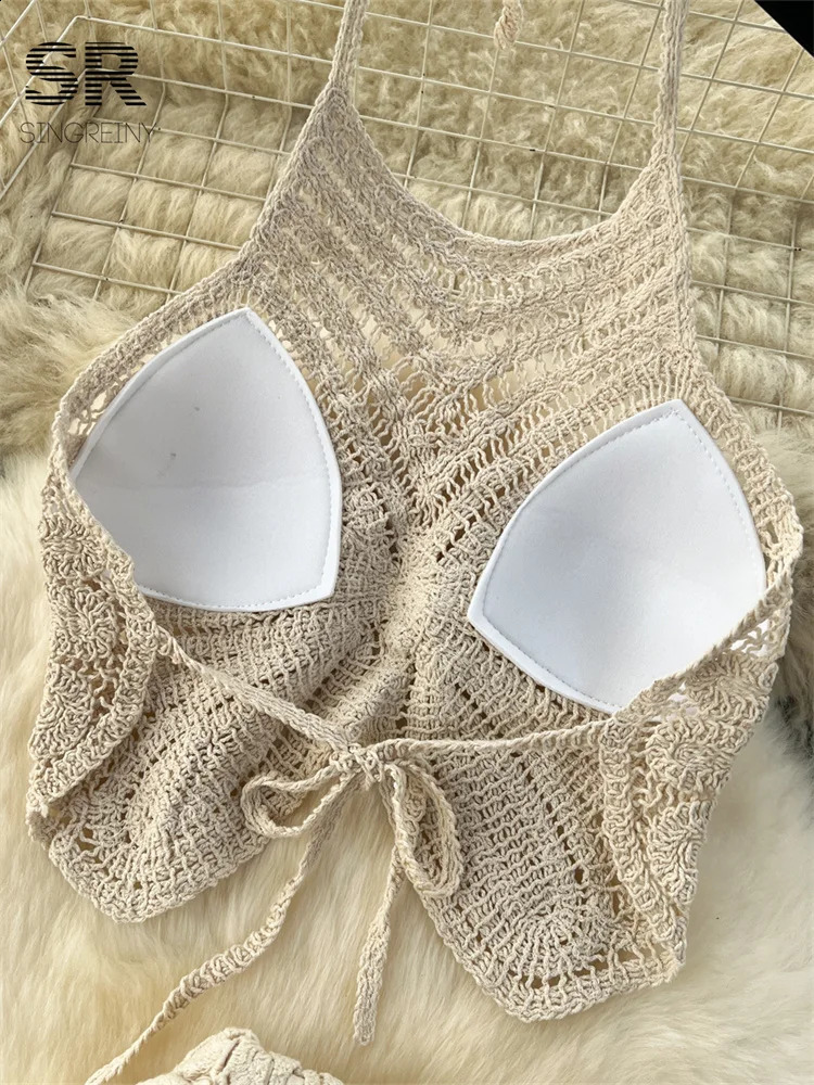 SINGREINY Vacation Two Piece Set Women Backless Camisole Halter Hollow Out Elastic Waist Long Skirt Summer Casual Knit Suit 250121